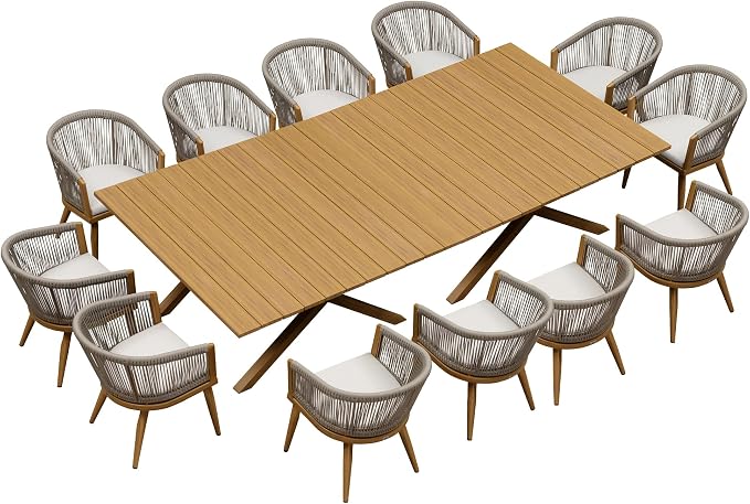 PURPLE LEAF Patio Dining Set for 12 All-Weather Wicker Woodgrain Aluminum 14 Piece Outdoor Large Table and Chairs Set Included Cushions for Backyard Kitchen Modern Outdoor Furniture Set Teak Color by PURPLELEAF