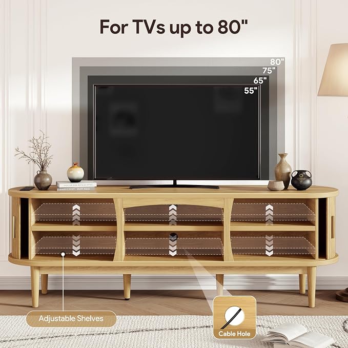 Decofy Mid Century TV Stand for TVs up to 80 Inches, Entertainment Center with Storage, Power Outlet, Fluted Sliding Doors & Adjustable Shelves, Modern Media TV Console Table for Living Room (Oak) - Image 3