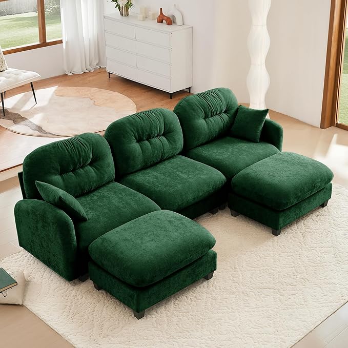 KEIKI 107" U-Shaped Oversized Chenille Modular Sectional Sofa with 2 Ottoman, High-Density Foam Cushions, Tufted Pleated Cushion Backrest, Modern 3-Seater Couch with 2 Pillow, for Living Room, Green