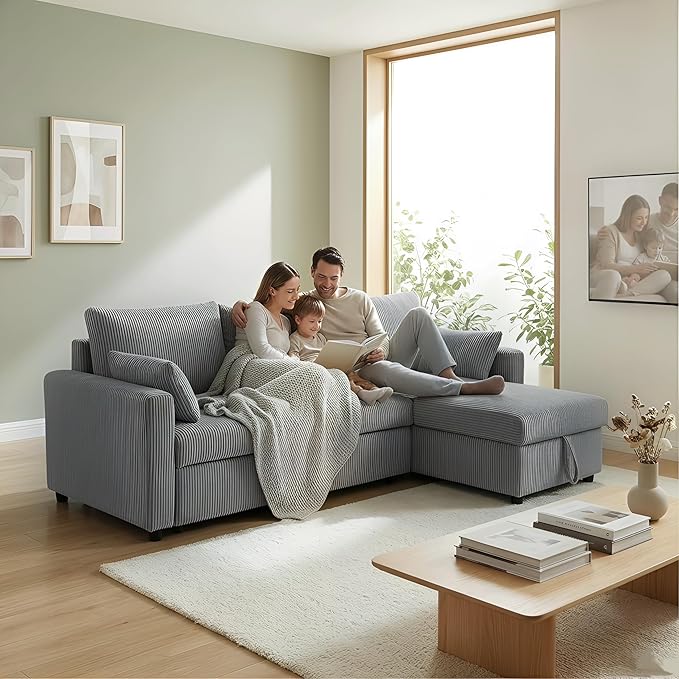 Queen Sleeper Sofa, Convertible Sofa Bed with Storage, 85 Inch Sectional Couch with Pull Out Bed, L Shaped 3 Seat Sectional Sleeper Sofa for Living Room, Apartment, Grey