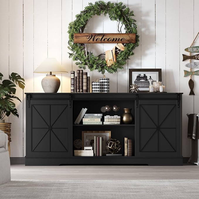 Farmhouse TV Stand for 65/60/55 Inch Tvs, Rustic Entertainment Center with Storage Cabinets & Sliding Barn Doors, Modern Media Console Table, Wood Television Furniture for Living Room, Bedroom, Black - Image 6