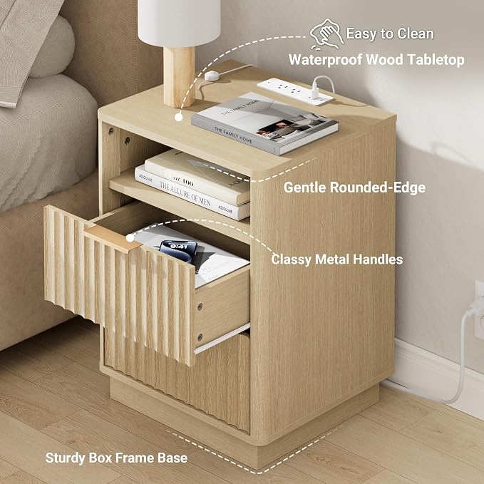 Fluted Nightstand, Modern Night Stand, 2 Drawers Nightstand with Charging Station, Wooden End Table w/Storage, Bedside Table for Bedroom Sofa Home Office, Curved Corners Design, Natural Oak - Image 5