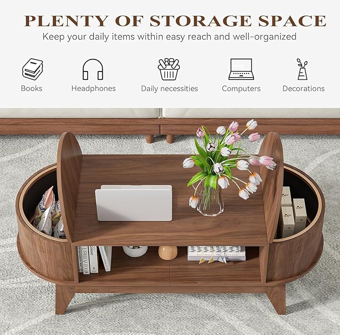 46.45'' Oval Coffee Tables for Living Room, Mid Century Modern Coffee Table with Storage, Wood Fluted Accent Center Table with Flip-Top Lids for Home,Office(Walnut)