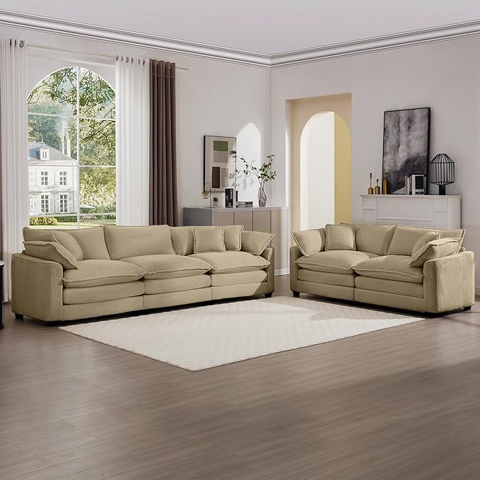 KEIKI 2-Piece Sofa Set with 1 Oversized Corduroy 3-Seater Sofa & 1 Loveseat Sofa, Upholstered 5-Seater Couch Set with 9 Pillow, High-Density Foam Cushions, Removable Armrests, for Living Room, Tan