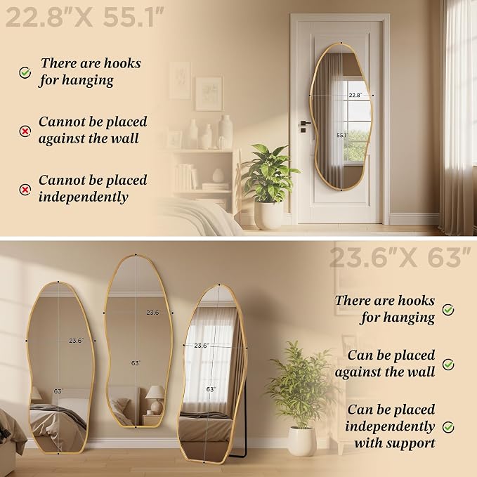 Dorlicecass Mirror Full Length - Irregular Full Body Wall Mirror Hanging 55"x 23" Asymmetrical Aviation Aluminum Alloy Frame Unique for Bedroom, Living Room, Cloakroom, Entryway - Image 5