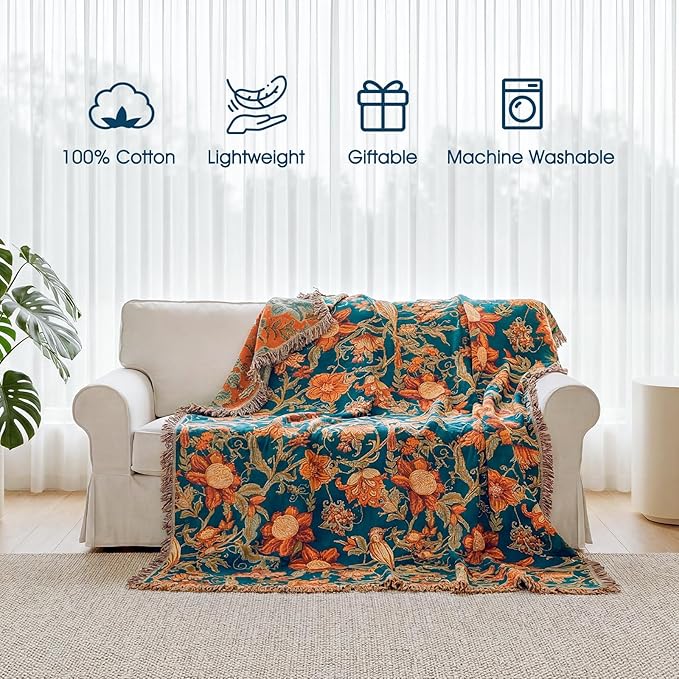 Boho Throw Blanket - 100% Cotton Ultra Soft Muslin Blanket, 50"x60" Lightweight Floral Bird Framhouse Bedding Spring Blanket for Bed, All Season Blue Bohemian Bedroom Home Decor Quilt
