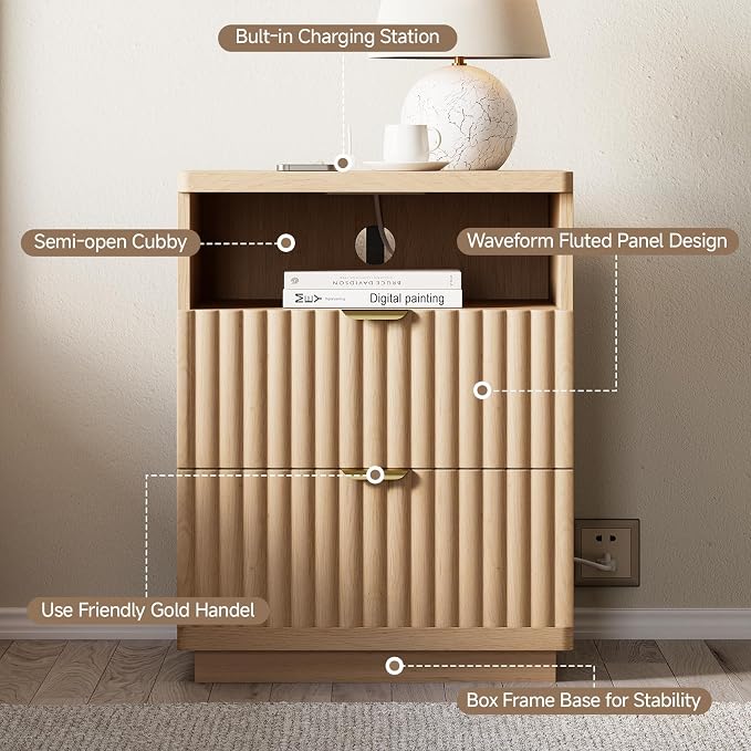 Nightstand with Charging Station, Night Stand with Open Shelf and 2 Drawers for Bedroom, Side Table Bedside Table with USB Ports & Outlets, Small Nightstand End Table (Oak Natural) - Image 5