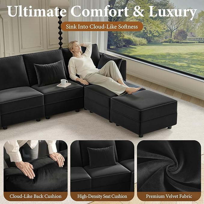 Vesgantti Sectional Couches with Storage Seats, 118" L Shaped Convertible Modular Sectional Sofa, 4 Seat & 2 Ottomans Velvet Storage Chaises Deep Seat Couch for Living Room, Bedroom, Apartment, Black
