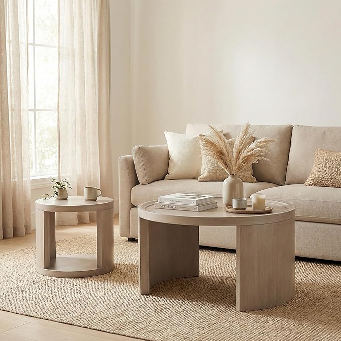 Round Nesting Coffee Table Set of 2, Gray Coffee Table, 31.5" Large & 18" Small Low Tables with Wood Top, Center Table for Living Room, Bedroom, Minimalist Center Table Set