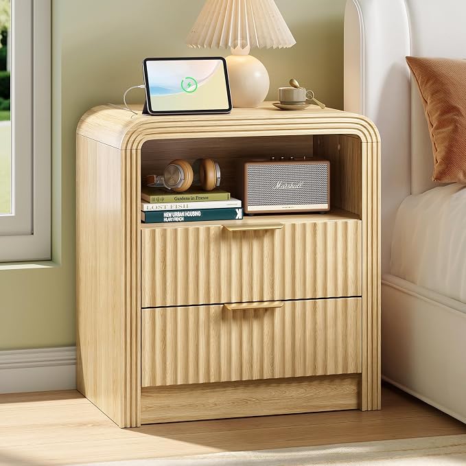 Decofy Fluted Nightstand with Charging Station, 19.7'' Wide Morden End Table with USB/Type-C Ports, 2 Drawers & Open Shelf, Curved Profile Design, Wood Bedside Table for Bedroom (Natural Oak) by Decofy