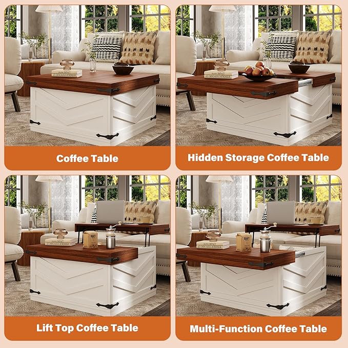 31.5'' Lift Top Coffee Table, Sliding Top Square Center Table with Large Hidden Storage Organizer, Multi-Functional Farmhouse Coffee Tables for Living Room, Bedroom, Home Office, White