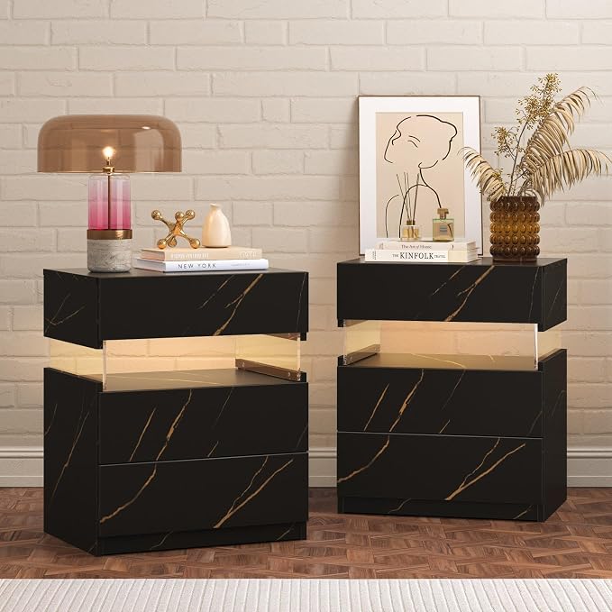 Bingoday LED Nightstands Set of 2 with 3 Drawers LED Bedside Tables Modern Night Stand with Acrylic Board Night Stand Set 2 for Bedroom by Bingoday