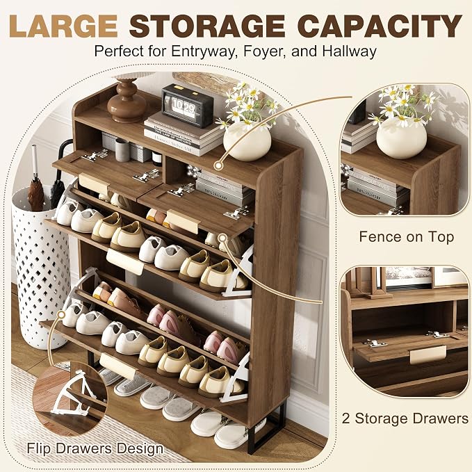 Fluted Shoe Cabinet Storage for Entryway – Narrow Shoe Rack with 2 Flip Drawers & 2 Storage Drawers, Freestanding Hidden Shoe Organizer for Foyer, Hallway (Rustic Oak Rattan) - Image 3