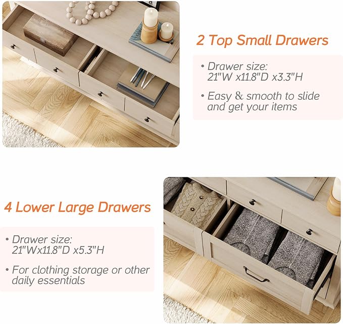 WAMPAT 3 Piece Bedroom Set - Includes Mid Century Dresser with 6 Drawers, Set of 2 Bedside Tables with Charging Station, 3 Piece Dresser and Nightstand Sets, Beige