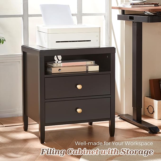 Huuger Nightstand with Charging Station, Black Nightstand with 2 Drawers, Bed Side Table for Bedroom, Bedside Table with Storage, Modern Nightstands, Metal Knobs, Painted Surface - Image 5