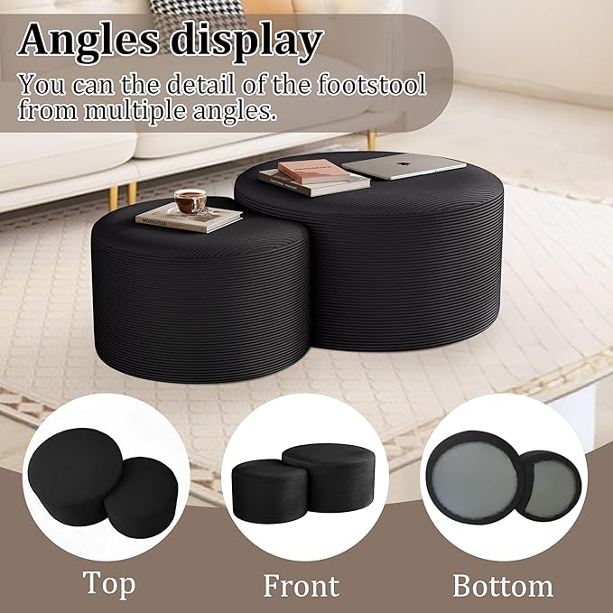 Nesting Coffee Table Set of 2, Upholstered Round Corduroy Circle Foam Round Side Table for Living Room, Entryway Set, 32"+17" Footrest No Assembly (Black, 32"+17")