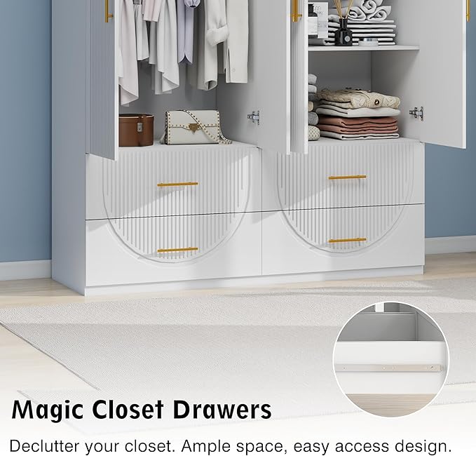 Wooden Armoire Wardrobe Closet：Large Wardrobe Closet with 2 Doors, 2 Drawers for Tall Cabinet, Wardrobe Cabinet for Bedroom with Hanging Rods, Golden Handle, White