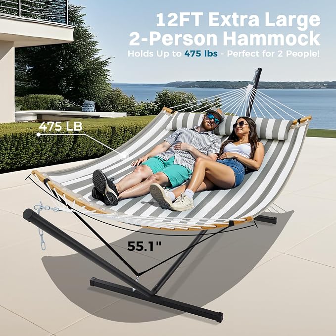 SUPERJARE Curved-Bar Hammock with Stand, 2 Person Heavy Duty Hammock Frame, Detachable Pillow & Portable Carrying Bag, Perfect for Outdoor & Indoor, Black and White Stripe - Image 3
