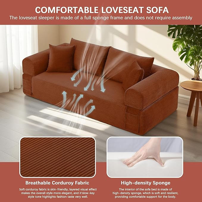 83" Modern Sofa in a Box, No Assembly Oversized 3 Seater 28" Deep Seat Cloud Sofa Bed Couch with 4 Furry Pillows & Corduroy Fabric, Boneless Couch with Side Storage Pockets for Living Room, Orange