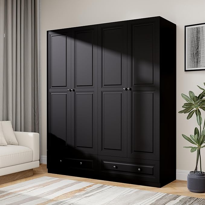 Armoire Wardrobe Closet with Drawer: Bedroom Wardrobe Closet for Hanging Clothes, Wood Cabinet for Clothes with Doors, Armoire with Shelves (Black, 63")
