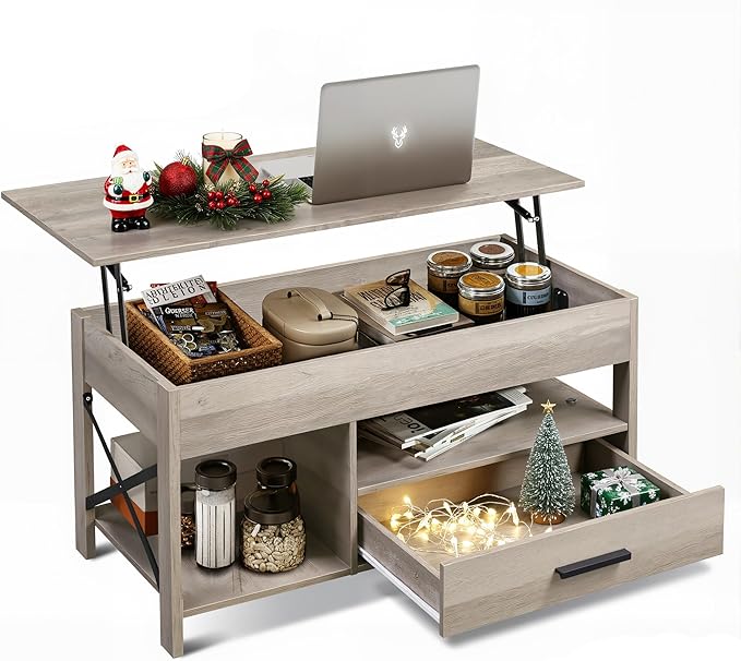 WLIVE Coffee Table, 39" Lift Top Coffee Table with Hidden Compartment, Storage Drawers and Storage Shelf for Living Room, Reception Room, Grey