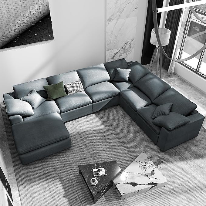 ERYE Oversized Modular Chenille Upholstered Sectional Sofa with Movable Ottoman, 7 Seaters Modular Convertible Couch Spacious Living Room Sofa for Home House Apartment