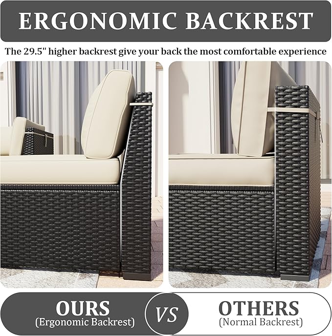 Patio Furniture Set, 7 Pieces Outdoor Sectional Sofa Set with Waterproof Cover, Black PE Wicker Rattan Slanted Back Outdoor Conversation Set with Cushions and Glass Coffee Table, Khaki