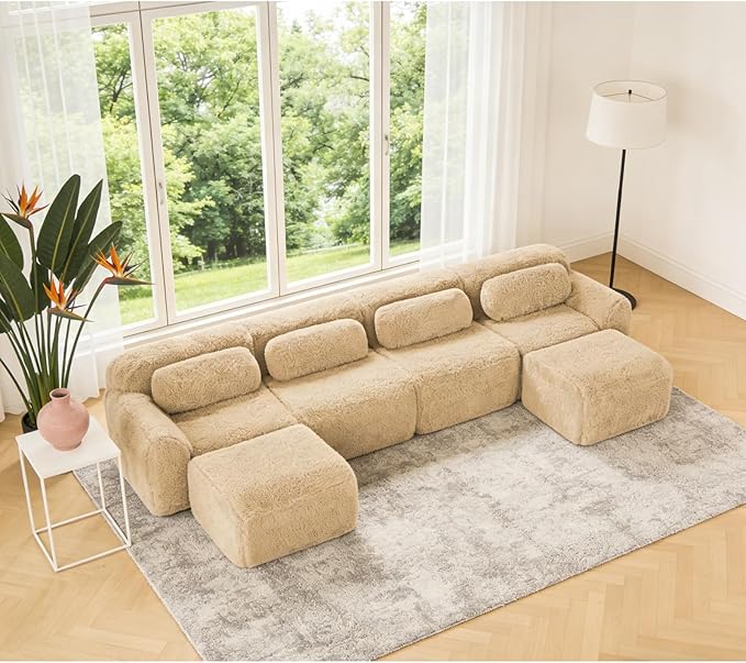 149" Modular Sectional Sofa, Modern Sectional Couch, U-Shape Boneless Couch for Living Room Apartments Bedroom, 32D High Density Sponge Lounge Sofa, No Assembly Required, Light Khaki