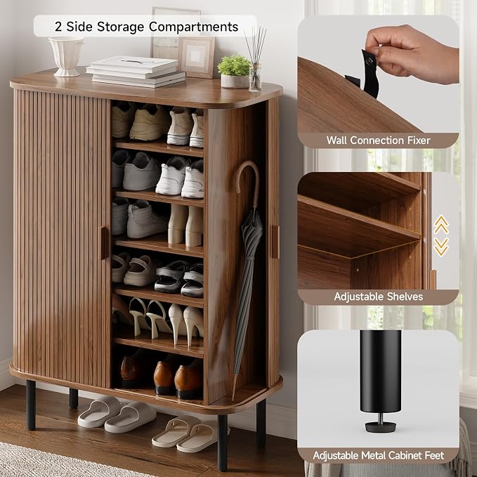 ONBRILL 6-Tier Shoe Cabinet with Sliding Door, Wooden Shoe Storage Cabinet with Adjustable Shelves, Mid-Century Modern Freestanding Shoe Storage Organizer for Entryway, Hallway, Living Room, Walnut - Image 4