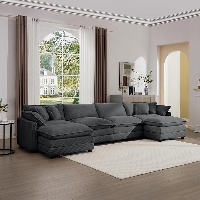 KEIKI 150" U-Shaped Oversized Corduroy Modular Sectional Sofa with 2 Ottoman, High-Density Foam Cushions, Removable Armrests, Upholstered 4-Seater Corner Couch with 6 Pillow, for Living Room, Grey