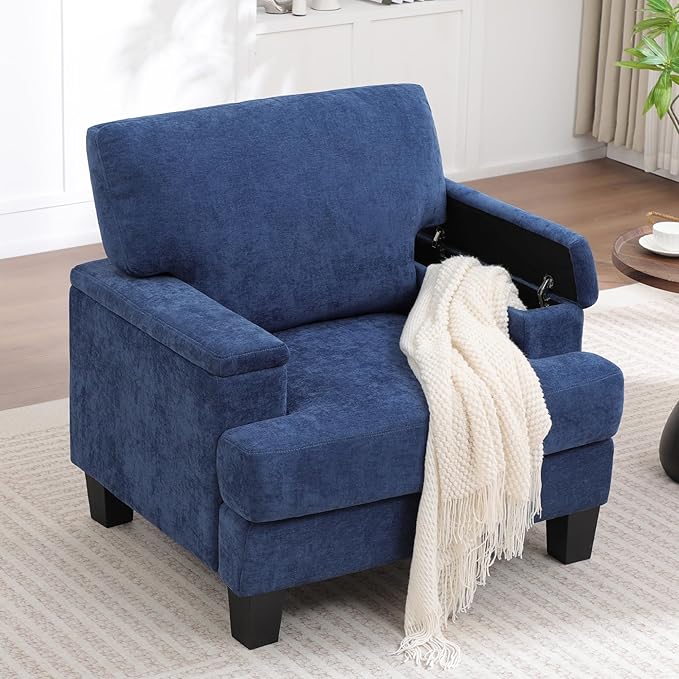 Oversized Accent Chair Set of 2 with Storage Armrest, Modern Upholstered Reading Living Room Chairs, Comfy Large Armchair, Fabric Single Sofa Chair for Bedroom (Navy Blue)
