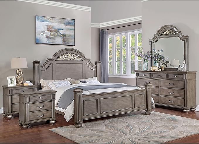 Furniture of America Malierd Traditional Wood 5-Piece Set, Panel King-Size Bed, 3-Drawer Nightstands, Dresser and Mirror for Bedroom, Gray