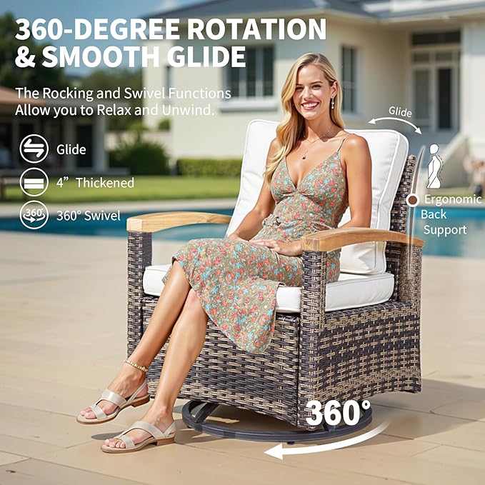 MEISSALIVVE 8 Pieces Patio Furniture Sets, PE Wicker Outdoor Conversation Sets with 2 Wood Armrests Swivel Rocker Chairs, 2 Fixed Single Chairs, 2 Ottomans and Dining Table(Beige)