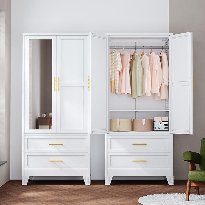 Ckzbx 71" H Metal Armoire Wardrobe Closet with Mirror, Adjustable Shelves, Clothes Drying Pole, Steel Wardrobe Cabinet for Bedroom (2 Drawers White)