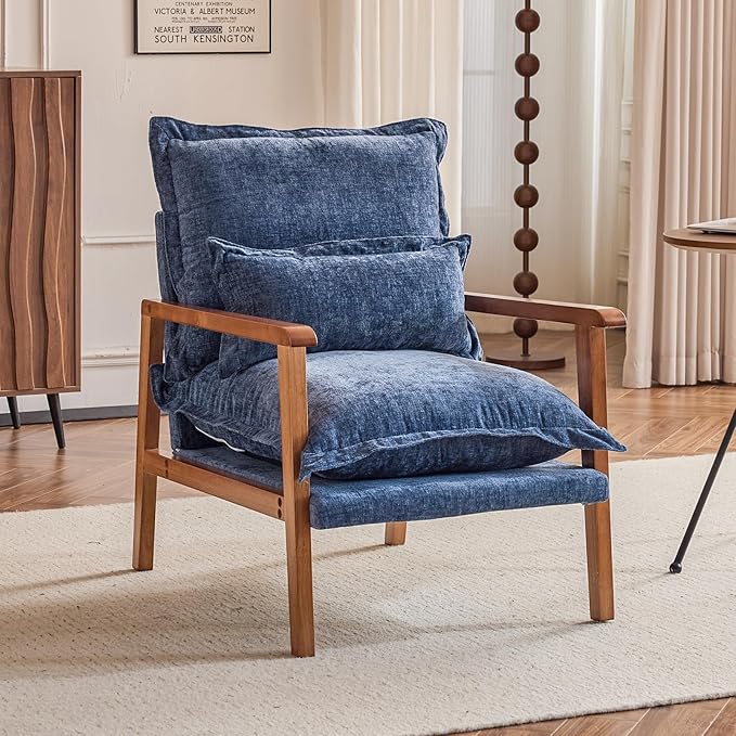 VINGLI Mid-Century Modern Cloud Accent Armchair with Lumbar Pillow, 6.3'' Thick Seat Cushion Comfy Reading Chair with Wooden Armrests，Boho Lounge Chair for Bedroom, Living Room, Chenille, Gray-Blue