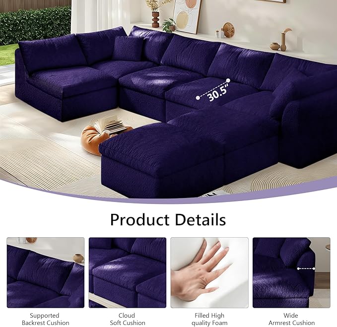 Modular Sectional Sofa Boneless Cloud Couch for Living Room, U Shape Deep Seat Recliner Sofa with Ottoman, Adjustable Backrest & 2 Throw Pillows - Covers Washable, (Purple, 5 Seater+2 Ottoman)