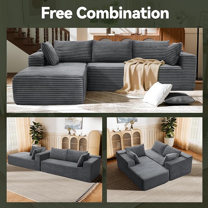 106" Modular Sectional Sofa, Grey Corduroy Cloud Couch with Right Chaise, Deep Seat Boneless Floor Sofa for Living Room, High-Resilience Foam Support, No Assembly Required, Includes Pillows | Sectional Sofa, Corduroy Cloud, Boneless, High-Resilience, N...