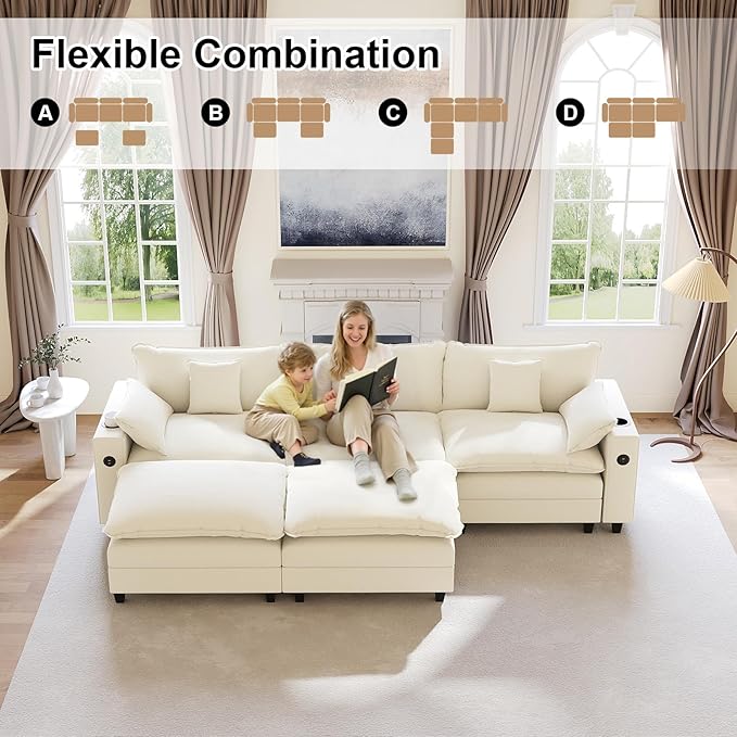 116" Modular Sectional Sofa, U Shaped Cloud Couch with Movable Ottoman, Chenille Deep Seat Cloud Sofa with Charging Station, Cup Holder, Side Pocket, Sectional Couches for Living Room, Beige