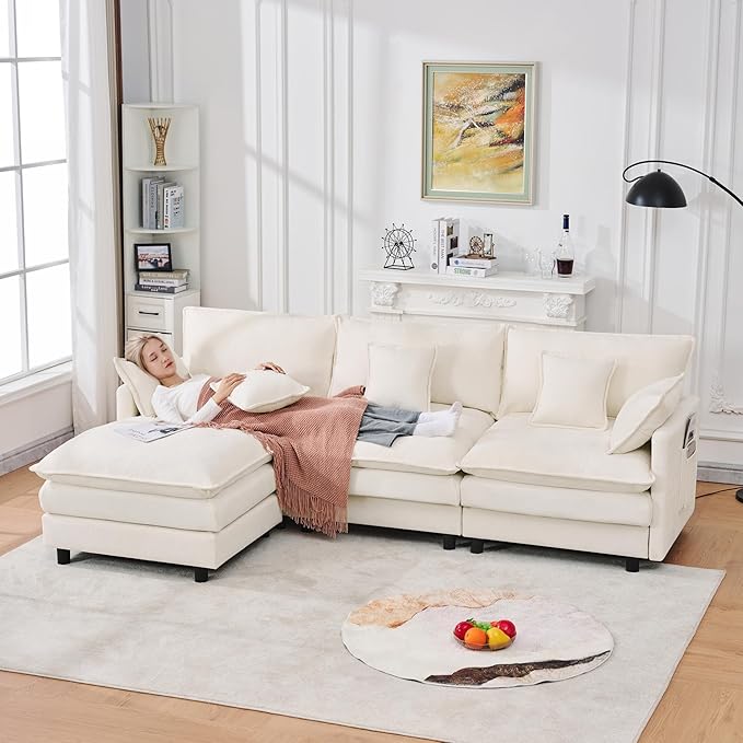 102" Modular Sectional Sofa, Premium Chenille Cloud Couch with Reversible Ottoman, L-Shaped Oversized Sofa with Side Storage Pockets for Multi-Scene Living Room & Home Office