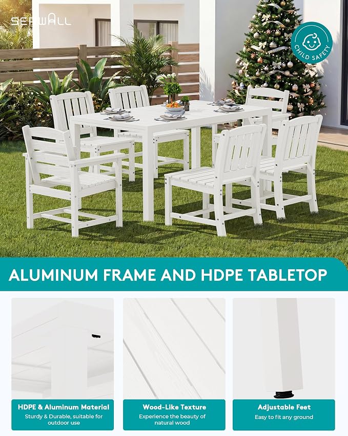SERWALL Outdoor Expandable Dining Table 60" - 83", Patio Dining Table for 4-10 People, All Weather HDPE and Aluminum Outdoor Furniture for Backyard, Garden, White - Image 4