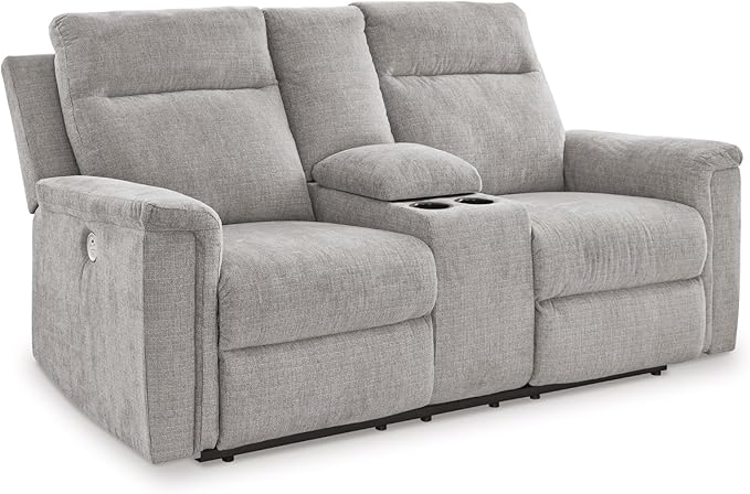 Signature Design by Ashley Barnsana Minimalist Power Reclining Loveseat with Console and USB Charging Ports, Light Gray