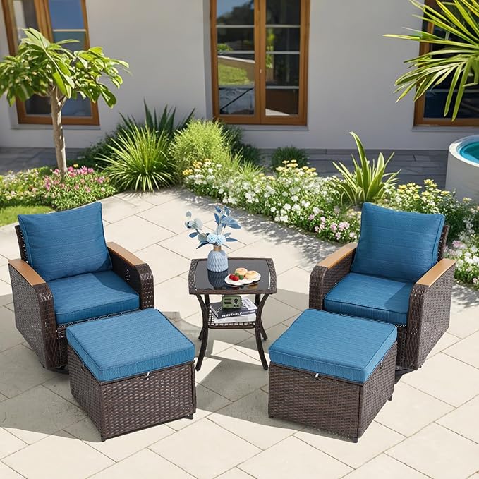 5 Piece Outdoor Patio Furniture Set, Wicker Swivel Rocking Chairs with Ottoman for Garden, Porch, Backyard