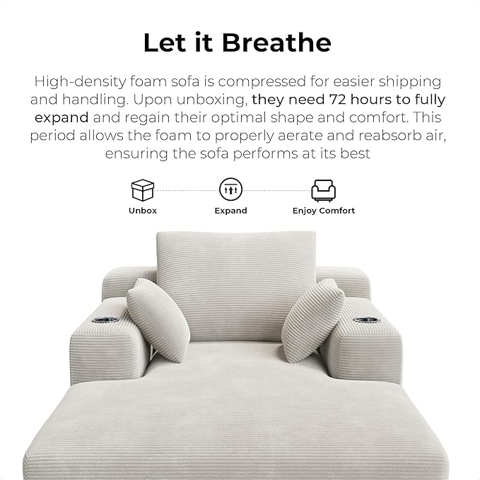 LIKIMIO 71.6" Oversized Chaise Lounge Chair Indoor with Cup Holders & Storage - Corduroy Sofa Bed for Living Room, Reading Nook, or Bedroom, No Assembly Cloud Couch (Greige) | Chaise Lounge Indoor, OEKO‑TEX corduroy, Cup holders|storage, CertiPUR‑US fo...
