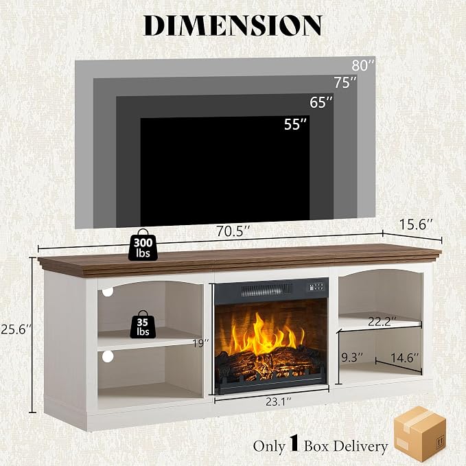 AMERLIFE 70" Farmhouse Fireplace TV Stand for TVs up to 80", Entertainment Center with 23" Fireplace, Open Shelves, One-Box Delivery, Media Console Table for Living Room, Distressed White - Image 5