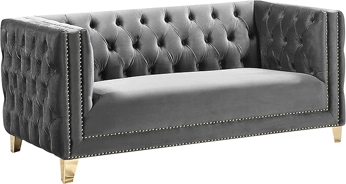 Meridian Furniture 652Grey-L Michelle Collection Modern | Contemporary Loveseat with Deep Button Tufting, Gold Nailhead Trim and Sturdy Gold Iron Legs, Grey Velvet, 66" W x 34" D x 30" H