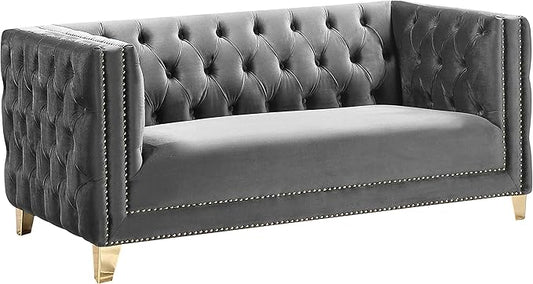 Meridian Furniture 652Grey-L Michelle Collection Modern | Contemporary Loveseat with Deep Button Tufting, Gold Nailhead Trim and Sturdy Gold Iron Legs, Grey Velvet, 66" W x 34" D x 30" H