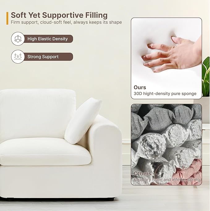 138" Boneless Cloud Couch Sectional No Assembly Required Modular Sofa with Deep Seat for Living Room U Shaped Couch with Ottoman Snowflake Fabric and Memory Sponge White