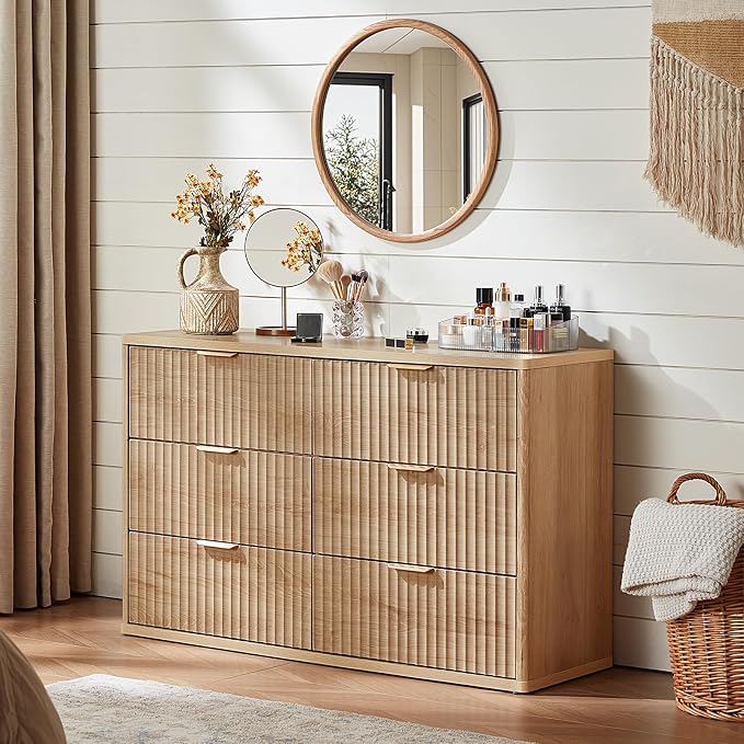 LEYAOYAO Fluted 6 Drawers Dresser for Bedroom, 48" Wide Modern Chest of Drawers with Metal Handle, Natural Curved Profile Farmhouse Closet Organizer Wood Dressers TV Stand for Living Room, Hallway - Image 3