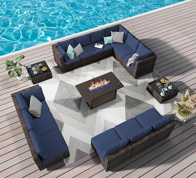 Grezone 15 Piece Patio Furniture Set with 44" Fire Pit Table, Outdoor Sectional Couch, PE Rattan Patio Conversation Sets with 4inch Cushions for Backyard Deep Blue