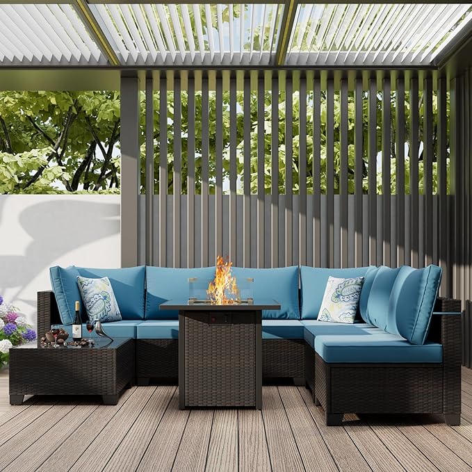 8 Piece Outdoor Patio Furniture Set with Fire Pit Table, Wicker Sectional Sofa Set with Thick Cushions, Perfect for Garden Lawn Pool or Backyard, (Brown/Peacock Blue)